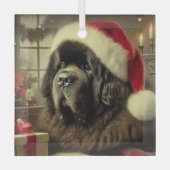 Zwarte Newfie in een kerstmuts Glas Ornament (Voorkant)