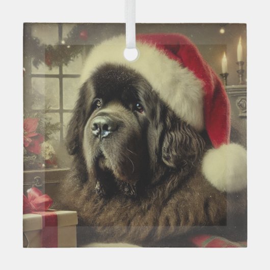 Zwarte Newfie in een kerstmuts Glas Ornament (Voorkant)