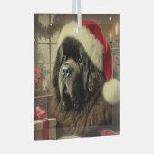 Zwarte Newfie in een kerstmuts Glas Ornament (Voorkant Rechts)
