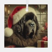 Zwarte Newfie in een kerstmuts Glas Ornament (Achterkant)