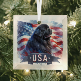 Zwarte Newfie Patriottisch Glas Ornament