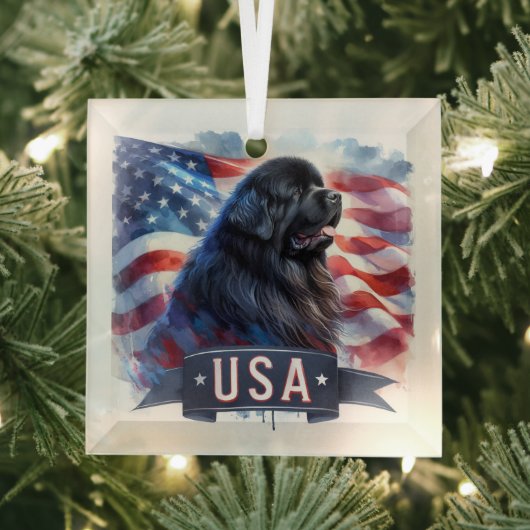 Zwarte Newfie Patriottisch Glas Ornament (Insitu)