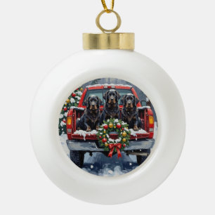 Zwarte Newfoundland Kerstmis Rode Truck Holiday Keramische Bal Ornament