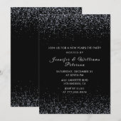 Zwarte Nieuwjaarsuitnodiging Silver Glitter Kaart (Voorkant / Achterkant)