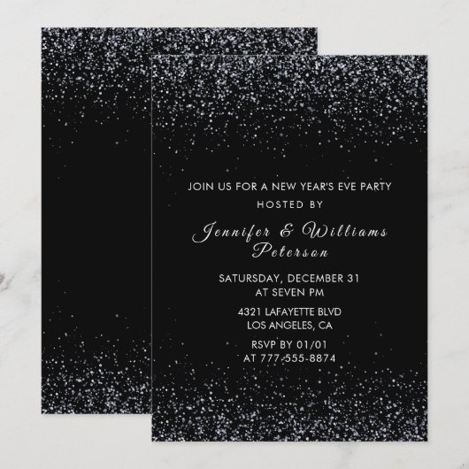 Zwarte Nieuwjaarsuitnodiging Silver Glitter Kaart (Voorkant / Achterkant)
