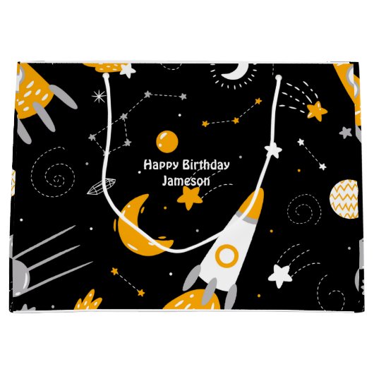 Zwarte Night Sky Buitenspace Rocket Birthday Groot Cadeauzakje (Voorkant)