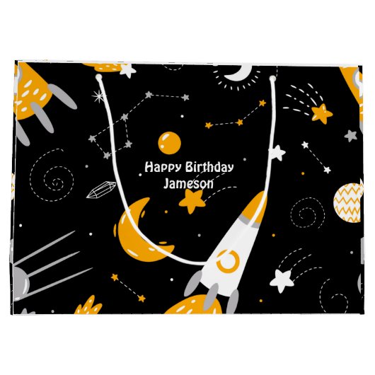 Zwarte Night Sky Buitenspace Rocket Birthday Groot Cadeauzakje (Achterkant)