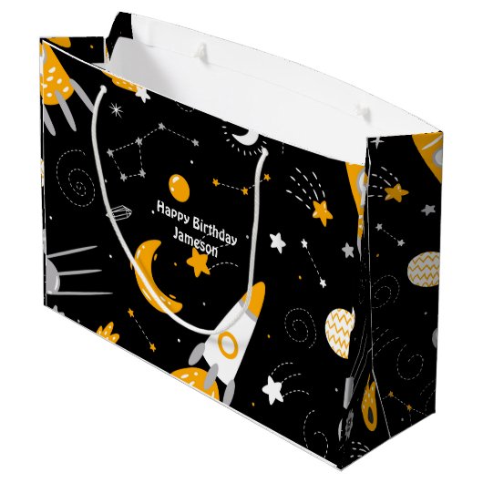 Zwarte Night Sky Buitenspace Rocket Birthday Groot Cadeauzakje (Achterkant Gekanteld)