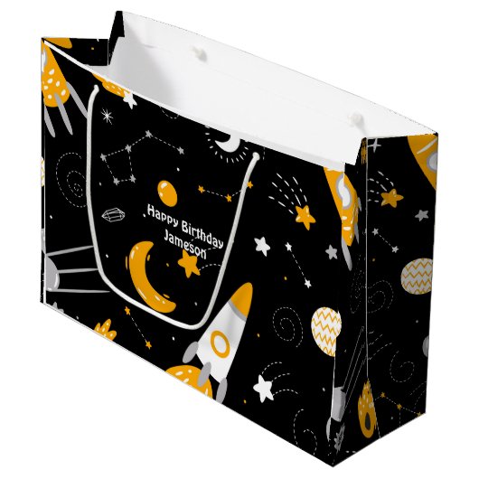 Zwarte Night Sky Buitenspace Rocket Birthday Groot Cadeauzakje (Voorkant Gekanteld)