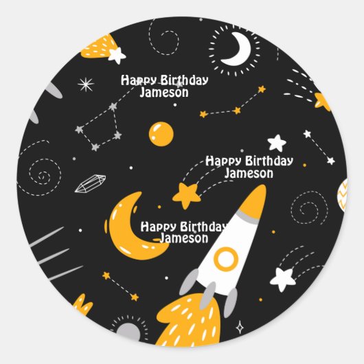 Zwarte Night Sky Buitenspace Rocket Birthday Ronde Sticker (Voorkant)