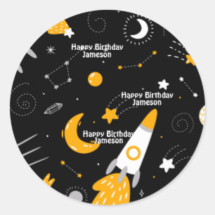 Zwarte Night Sky Buitenspace Rocket Birthday Ronde Sticker