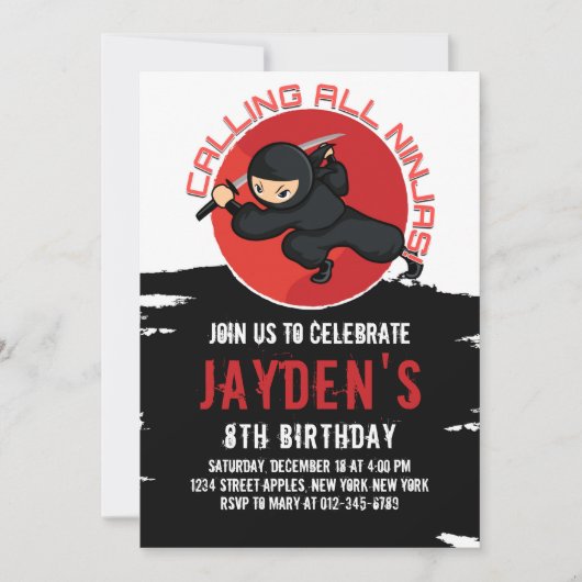 ZWARTE NINJA BIRTHDAY-INVITATIEKAART KAART (Voorkant)