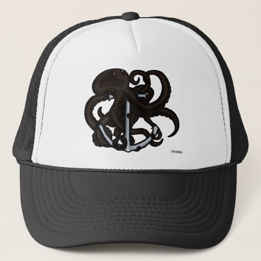 Zwarte octopus boven anker trucker pet (Voorkant)