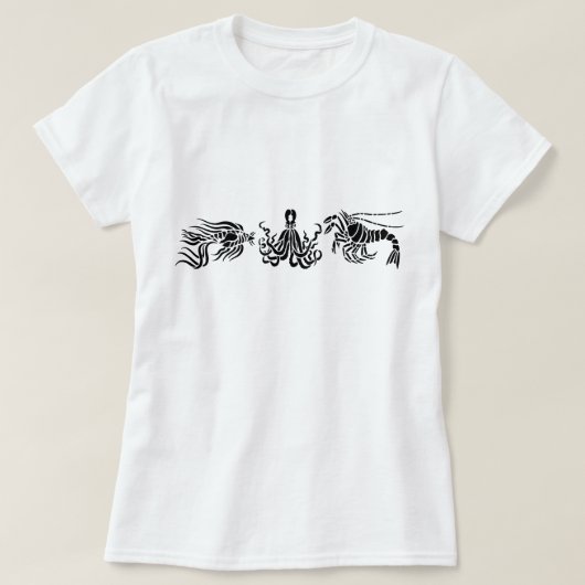 Zwarte octopus Lobster en visillustratie T-shirt (Design voorkant)