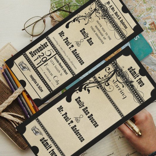 Zwarte Old Hollywood Ticket Huwelijk Kaart