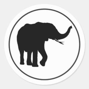 Zwarte olifant tekening in witte cirkel ronde sticker