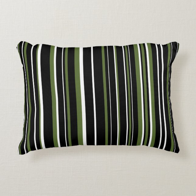 Zwarte, olijfgroene en witte barcode streep accent kussen (Voorkant)