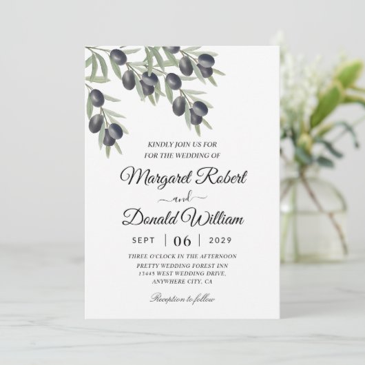 zwarte olijftak waterverf trouwuitnodigingen kaart (Staand voorkant)