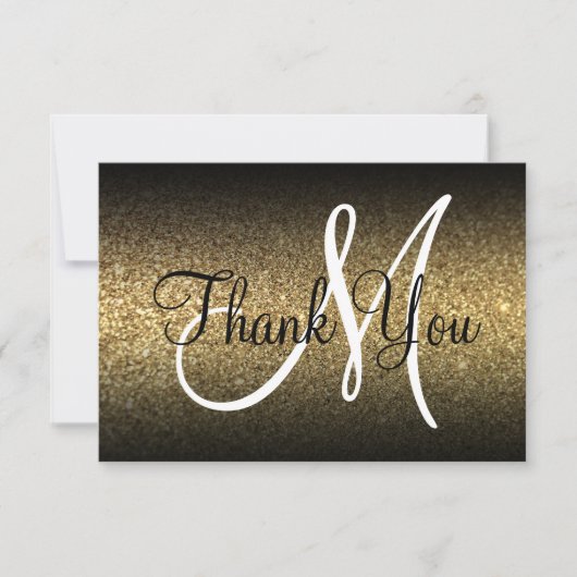 Zwarte Ombre Gouden Glitter Monogram Bedankkaart (Voorkant)