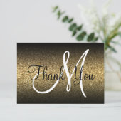 Zwarte Ombre Gouden Glitter Monogram Bedankkaart (Staand voorkant)