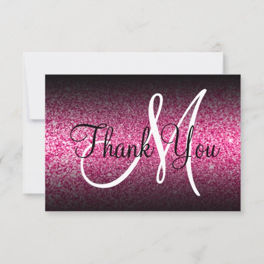 Zwarte Ombre Roze Glitter Monogram Bedankkaart (Voorkant)