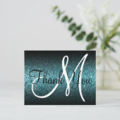 Zwarte Ombre Turquoise Glitter Monogram Bedankt Briefkaart (Staand voorkant)
