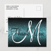 Zwarte Ombre Turquoise Glitter Monogram Bedankt Briefkaart (Voorkant / Achterkant)
