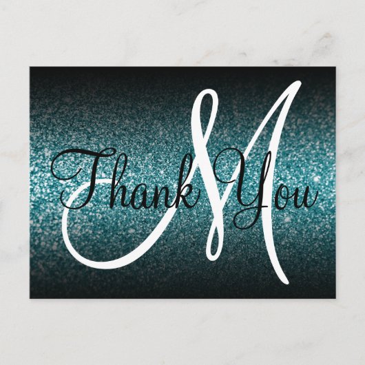 Zwarte Ombre Turquoise Glitter Monogram Bedankt Briefkaart (Voorkant)