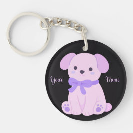 Zwarte Op maat gemaakte Pup met Paarse Strik Cute Sleutelhanger