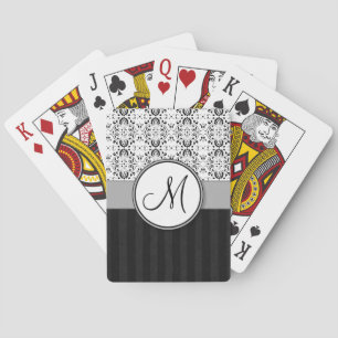 Zwarte op Wit Damast en Strepen met Monogram Pokerkaarten