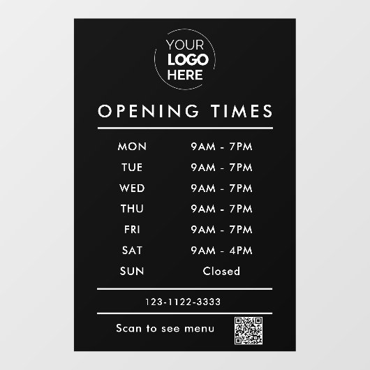 Zwarte openingstijden logo en qr code raamsticker (Vel)