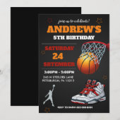 Zwarte oranje basketbal verjaardagsuitnodiging kaart (Voorkant / Achterkant)