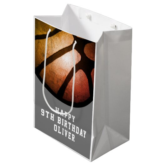 Zwarte Oranje Basketball Ball Sports Birthday Medium Cadeauzakje (Voorkant Gekanteld)