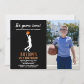 Zwarte Oranje Basketball Birthday met foto Kaart (Voorkant)