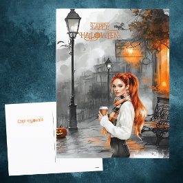 Zwarte Oranje Chic Girl Haunted Street Halloween Feestdagenkaart