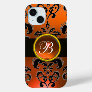 ZWARTE ORANJE DAMASKMONOGRAM Gemstone iPhone 15 Case