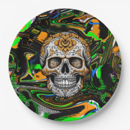 Zwarte Oranje en Lime Groene Suiker Schedel Kunst Papieren Bordje