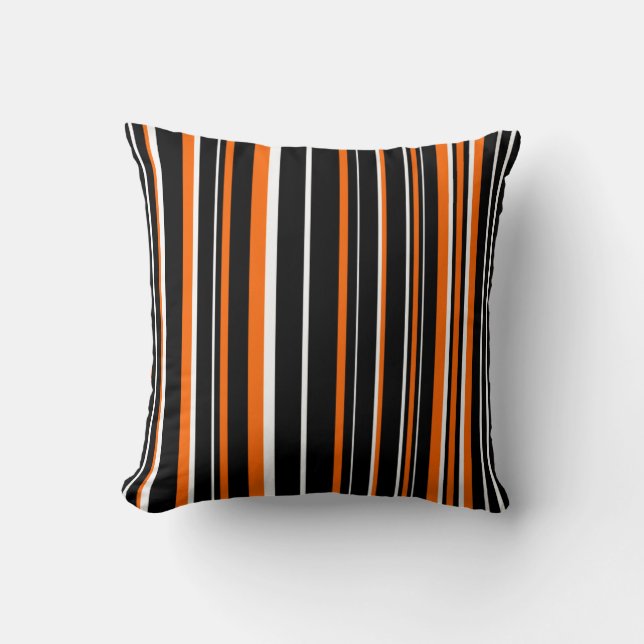 Zwarte, oranje en witte streepjes barcode kussen (Voorkant)