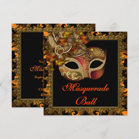 Zwarte Oranje Halloween Masquerade Party Kaart (Voorkant / Achterkant)