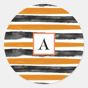 Zwarte & Oranje Halloween Waterverf Strepen Ronde Sticker