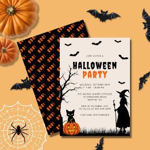 Zwarte Oranje Heksenpompoen Adult Halloween Party Kaart