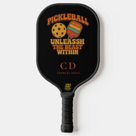 Zwarte oranje leuke quote retro monogram pickleball paddle (Achterkant)