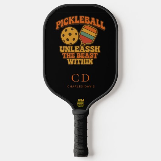 Zwarte oranje leuke quote retro monogram pickleball paddle (Voorkant)