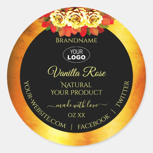 Zwarte Oranje marmer Product Labels Rozen met Logo (Voorkant)
