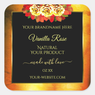 Zwarte Oranje Marmer Productlabels Bloeiende Rozen Vierkante Sticker