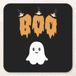 Zwarte Oranje Schattigee Ghost Boo Halloween Kartonnen Onderzetters