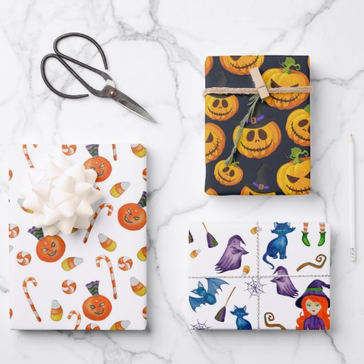 Zwarte Oranje Snoep pompoen heks Halloween Inpakpapier Vel (Voorkant)