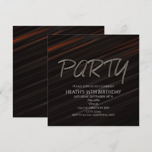 Zwarte & Oranje Strepen Verjaardagsfeest Uitnodigi Kaart (Voorkant / Achterkant)