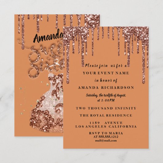 Zwarte oranje Sweet Sixteen-rozenjurk glinsterende Kaart (Voorkant / Achterkant)