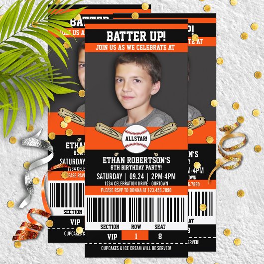 Zwarte|Oranje Ticket Style Baseball Birthday Party Kaart